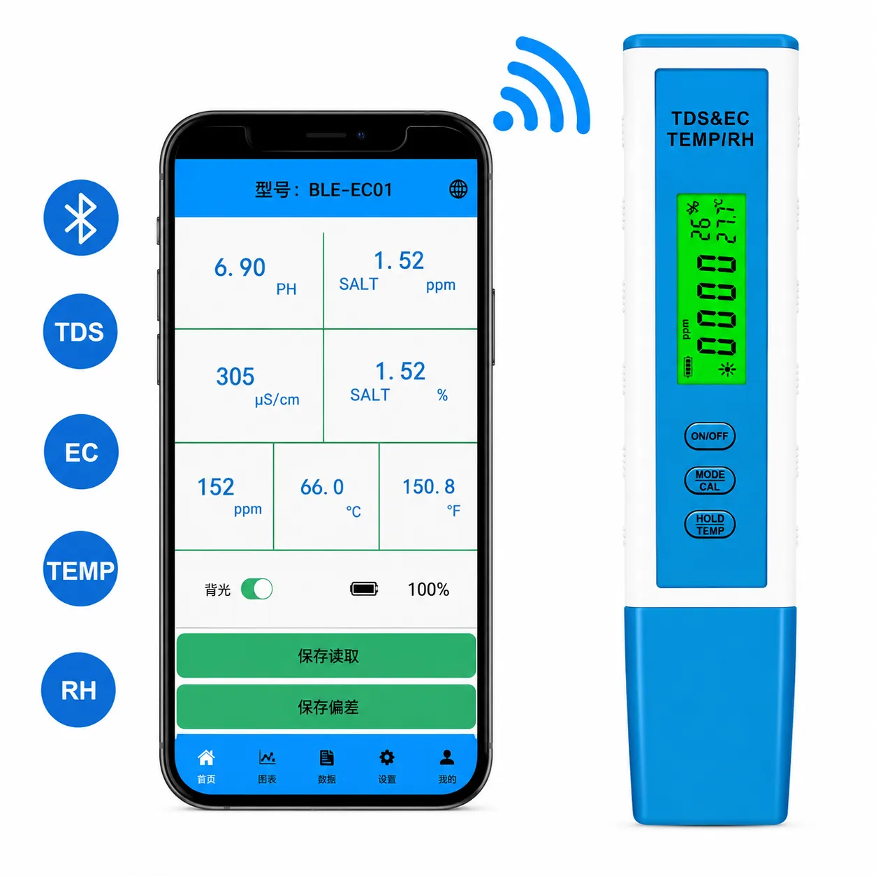 EC متر و TDS متر قلمی 4 کاره wifi دار مدل BLE-EC01